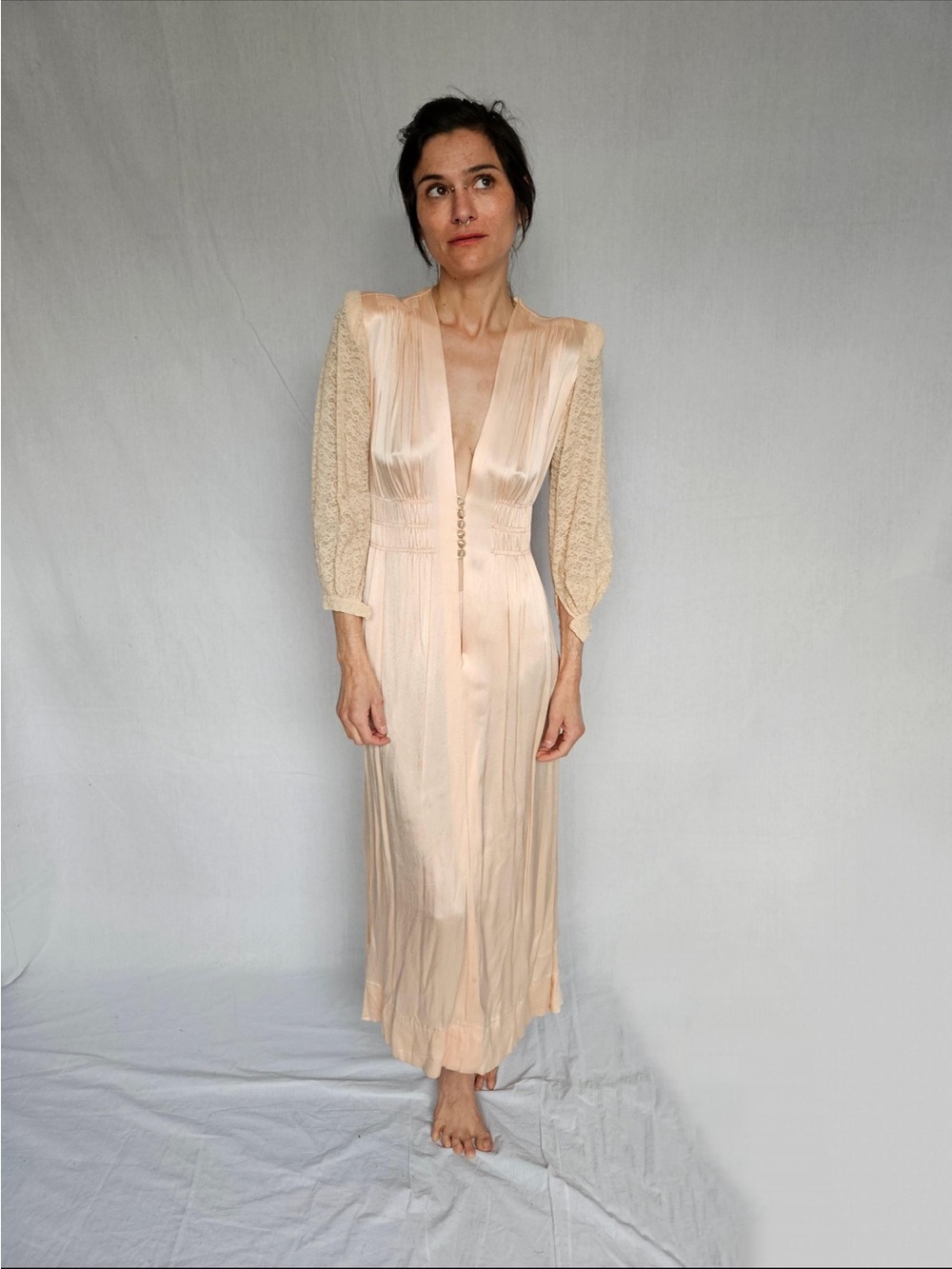 1930’s Elegant Blush Satin and Lace Midi Dress (shoulder pads removed) - Picture 3 of 13